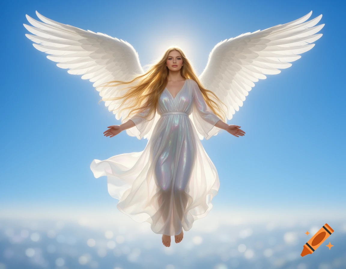 A beautiful woman with large white wings, long blonde hair, and a flowing white dress, floating against a bright blue sky.