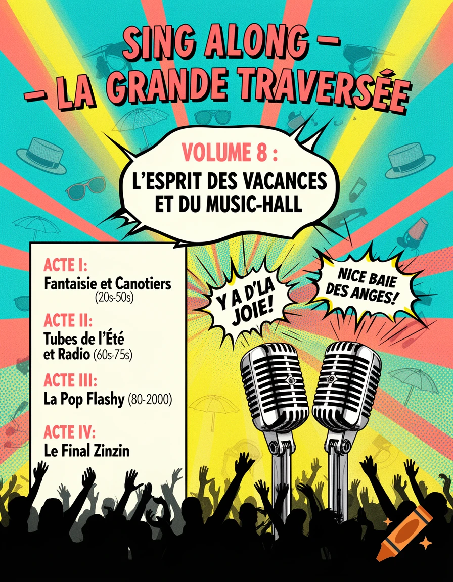 Retro pop art music flyer in turquoise, coral, and yellow, featuring vintage microphones, a cheering crowd, and French text for 'Sing Along - La Grande Traversée'.