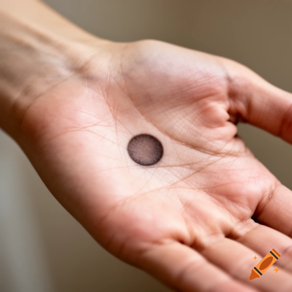 Close-up of a human palm with a dark, round mark in the center, against a blurred background.
