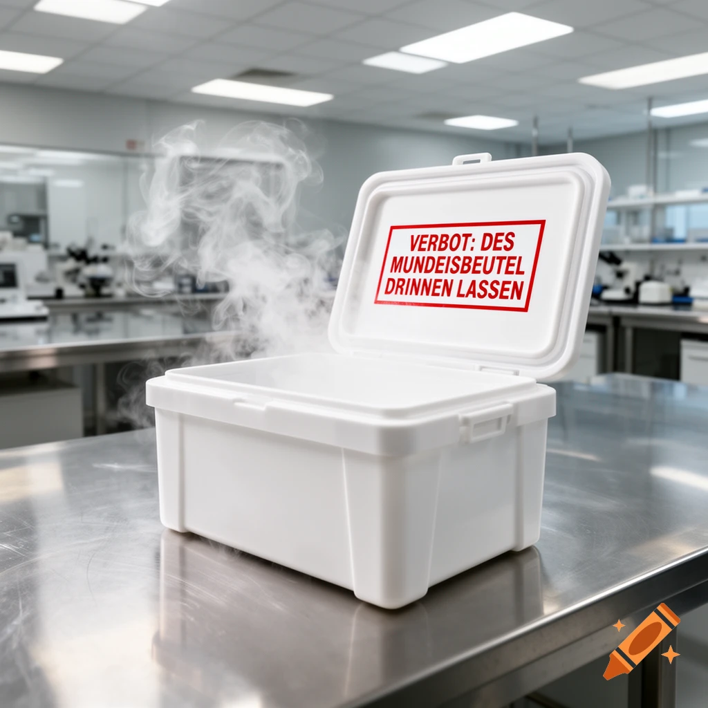 A white dry ice cooler box with smoke rising sits on a metal counter in a laboratory. The lid is open, revealing German text inside.