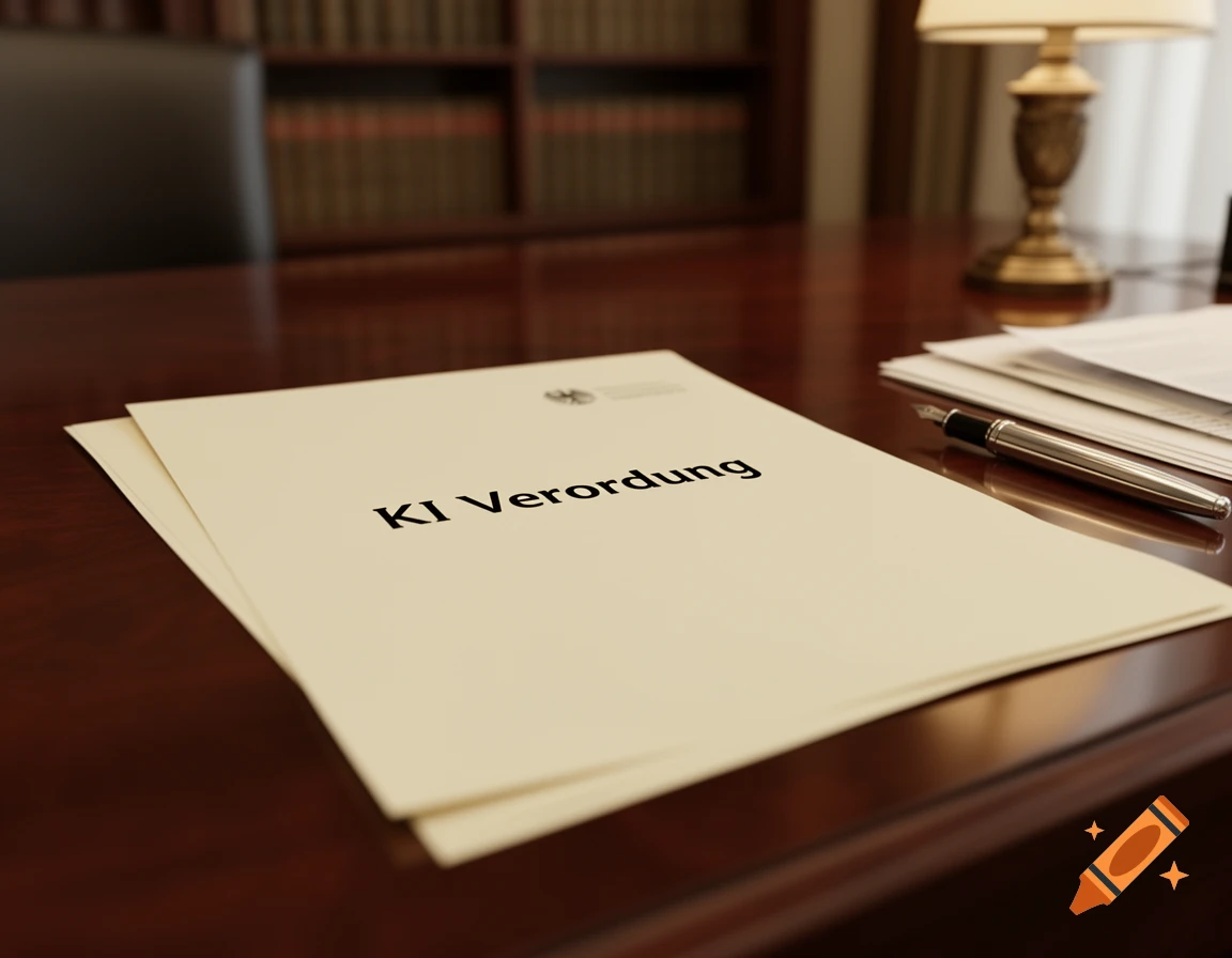 A document labeled 'KI Verordnung' on a polished wooden office desk with a pen, lamp, and blurred bookshelves.