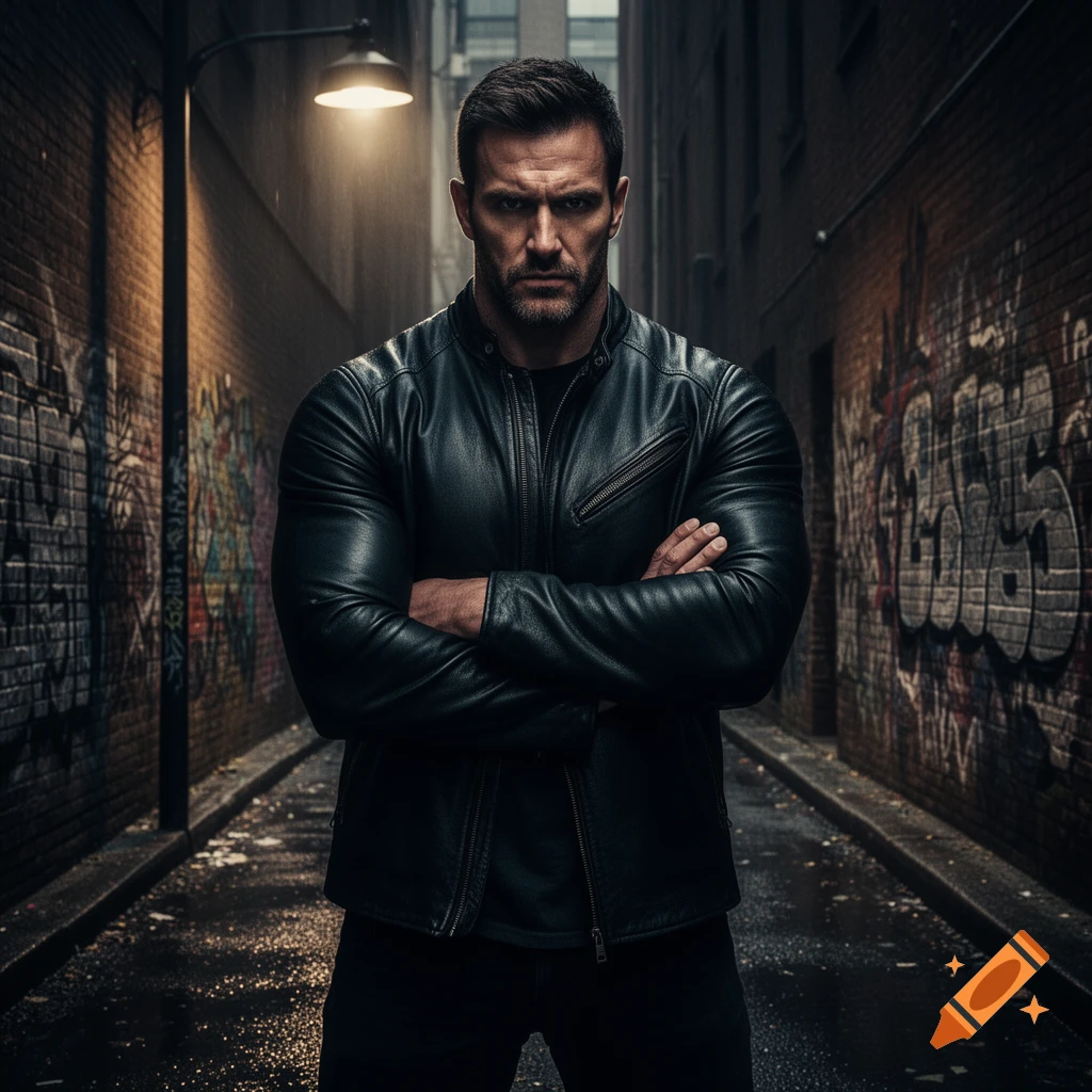 A strong, serious man with a beard and a black leather jacket stands with crossed arms in a dark, wet alley with graffiti-covered brick walls, under a street lamp.