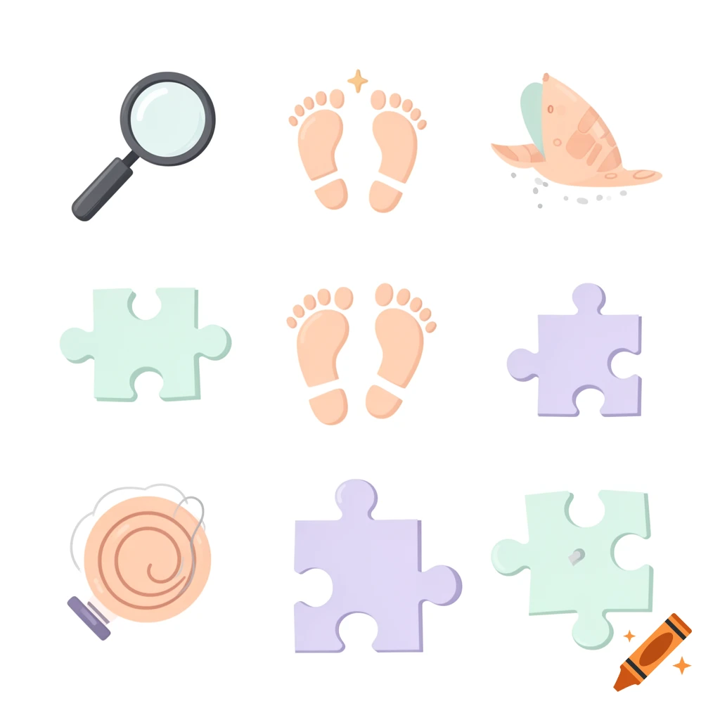 Nine pastel-colored icons in a grid, including a magnifying glass, footprints, puzzle pieces, a seashell, and a swirly stamp object.