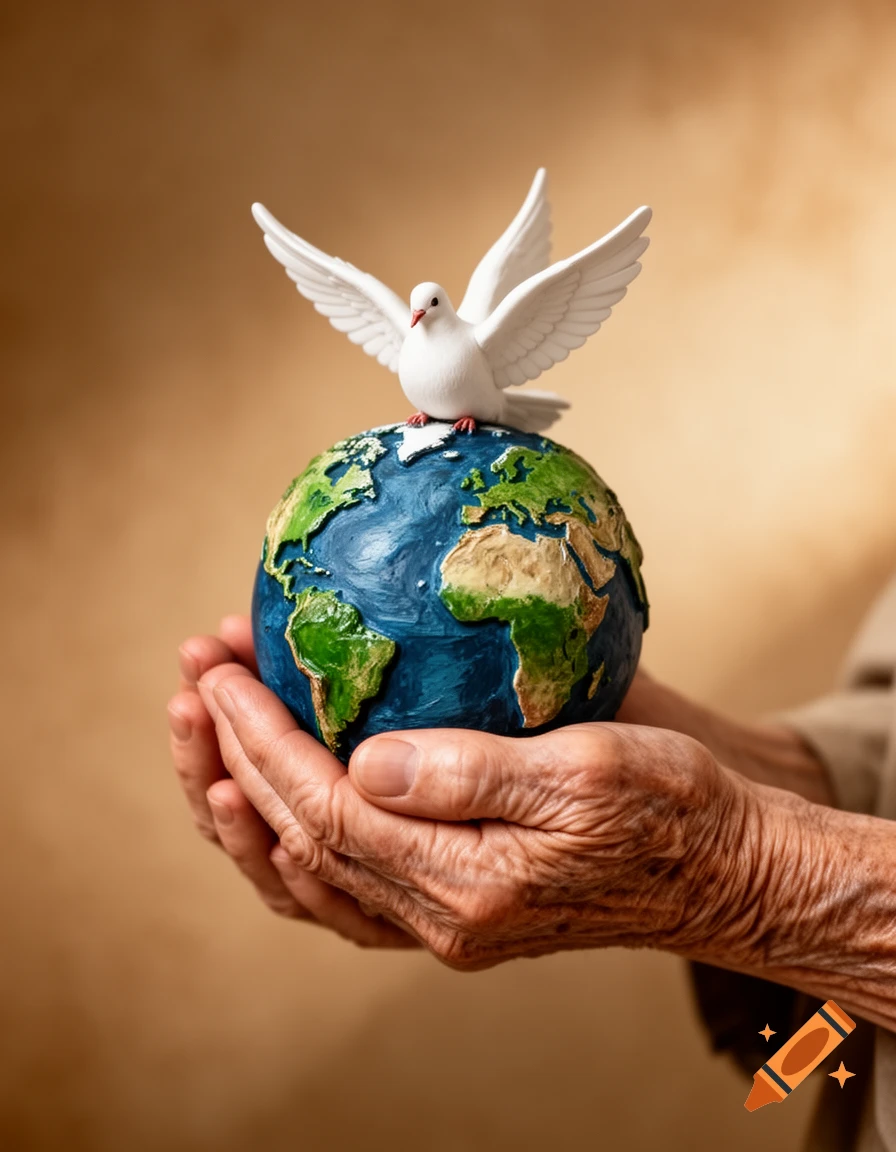 Wrinkled hands hold a miniature Earth globe with a white dove on top, set against a warm, blurred background in a photorealistic style.