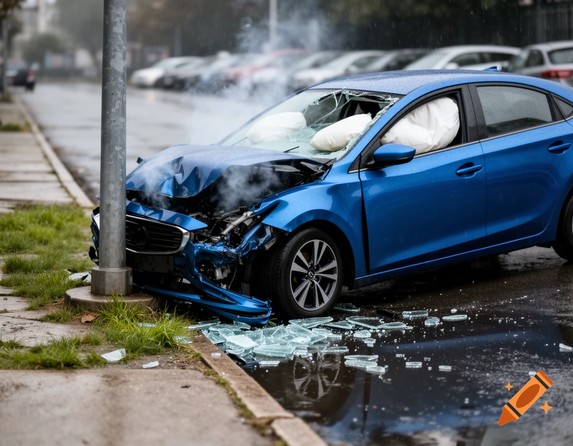 A blue car crashed into a pole on a wet street, with deployed airbags, shattered glass, and smoke.