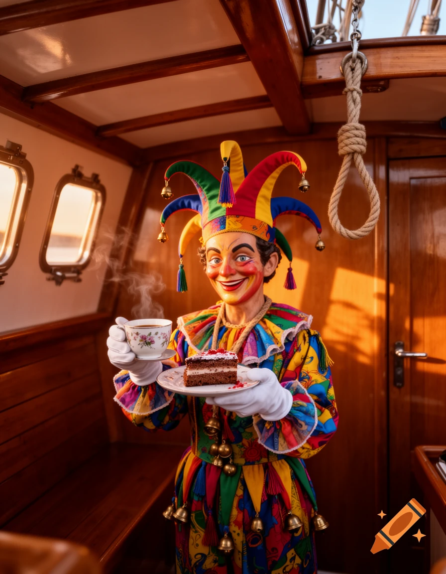 A creepy jester in colorful attire holds coffee and cake on a wooden boat. A noose hangs from the ceiling.
