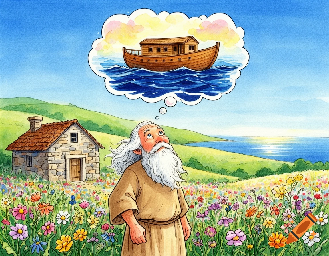 An elderly Noah with a long white beard stands in a vibrant wildflower field, looking up at a thought bubble containing a wooden ark on blue water, in a colorful watercolor and ink style.