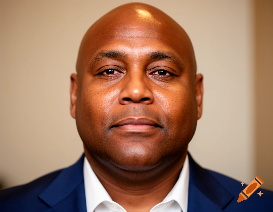 A photorealistic close-up portrait of a bald Black man in a blue suit and white shirt, looking directly forward.
