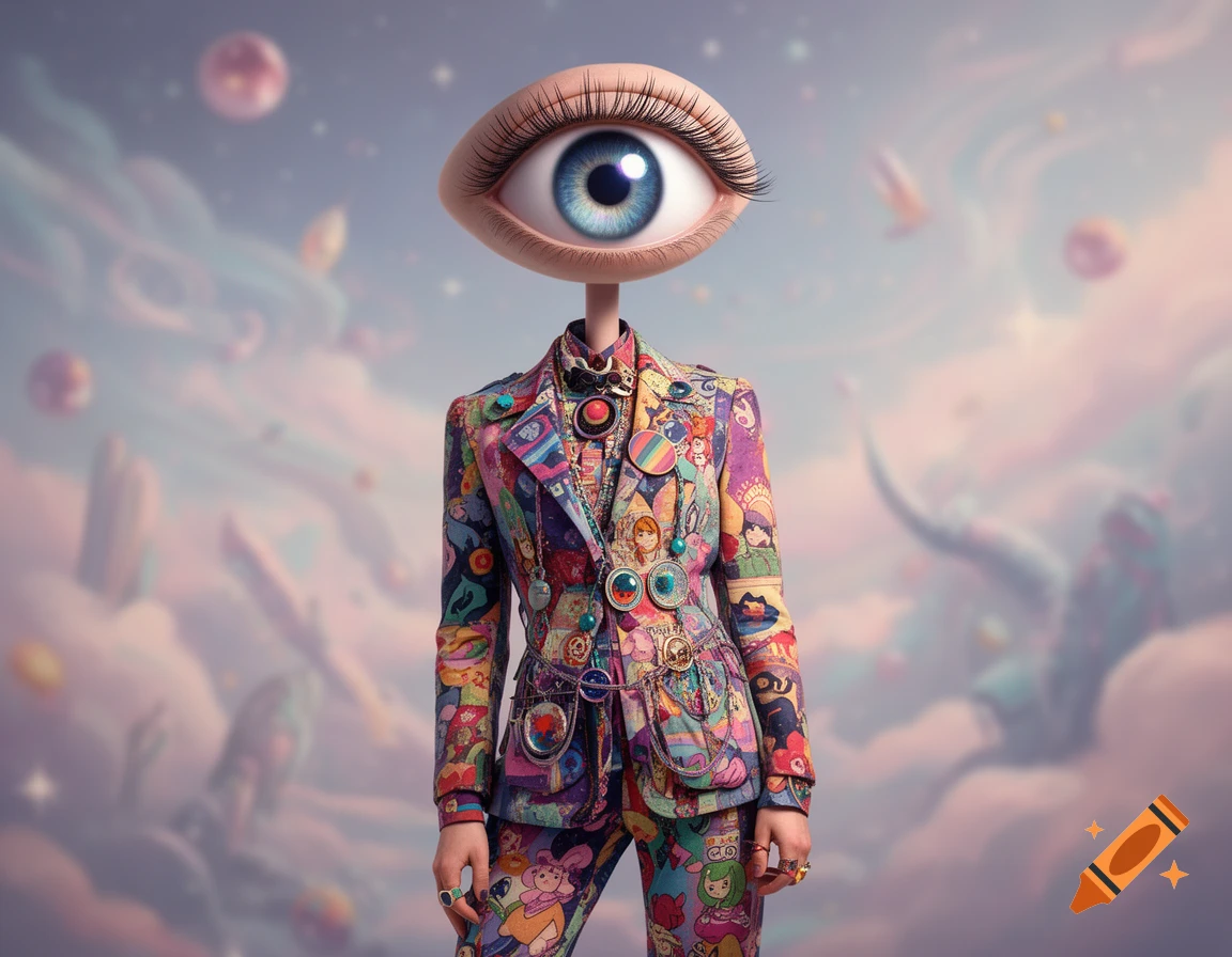 A surreal figure with a large eye for a head, wearing a vibrant, patterned suit against a whimsical, cloudy dreamscape.