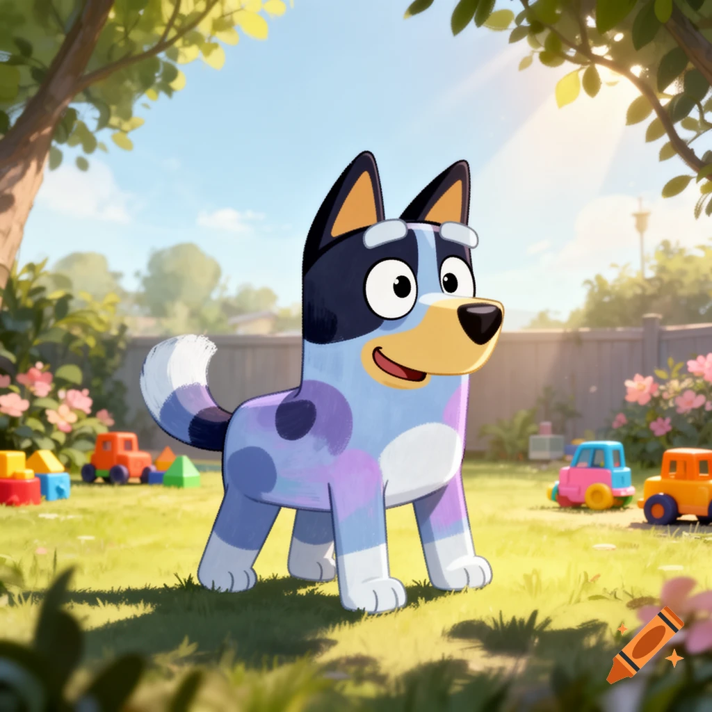 A cartoon dog resembling Bluey stands in a sunny backyard with colorful toys.