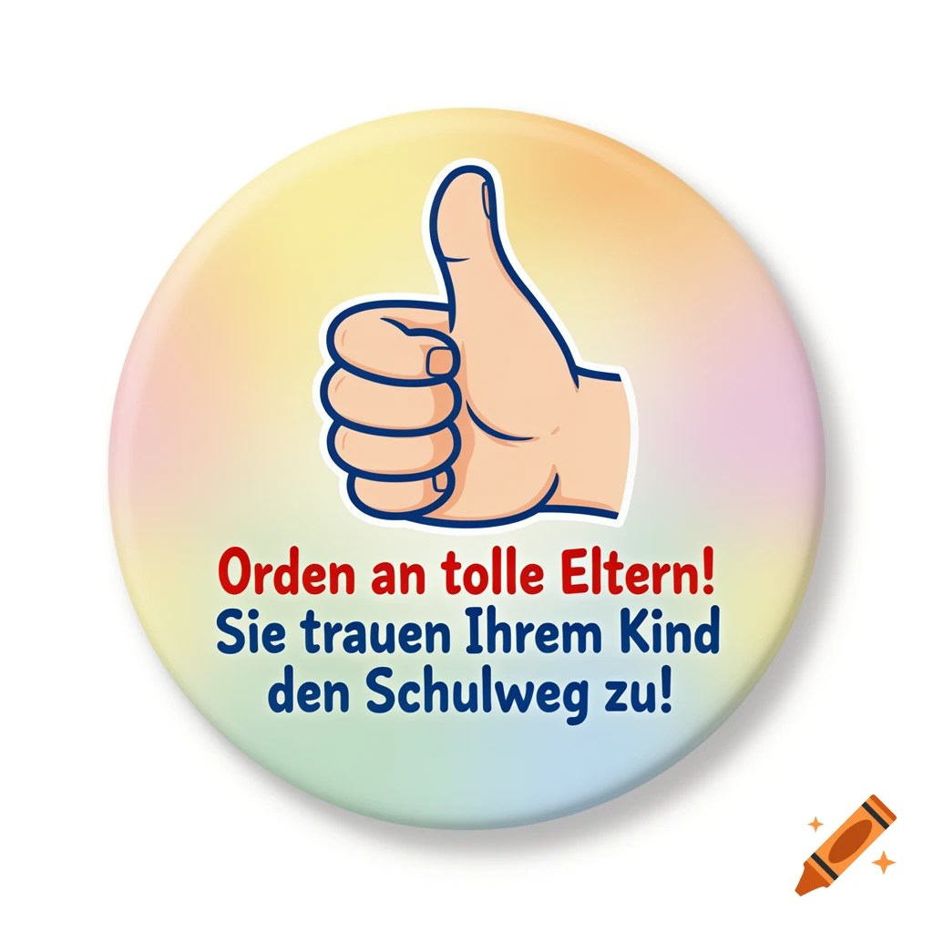 Round cartoon badge featuring a thumbs-up gesture and German text 'Orden an tolle Eltern! Sie trauen Ihrem Kind den Schulweg zu!'