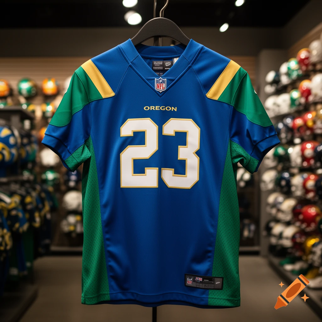 A blue, green, and gold NFL jersey with 'OREGON' and the number '23' hangs in a sports store.