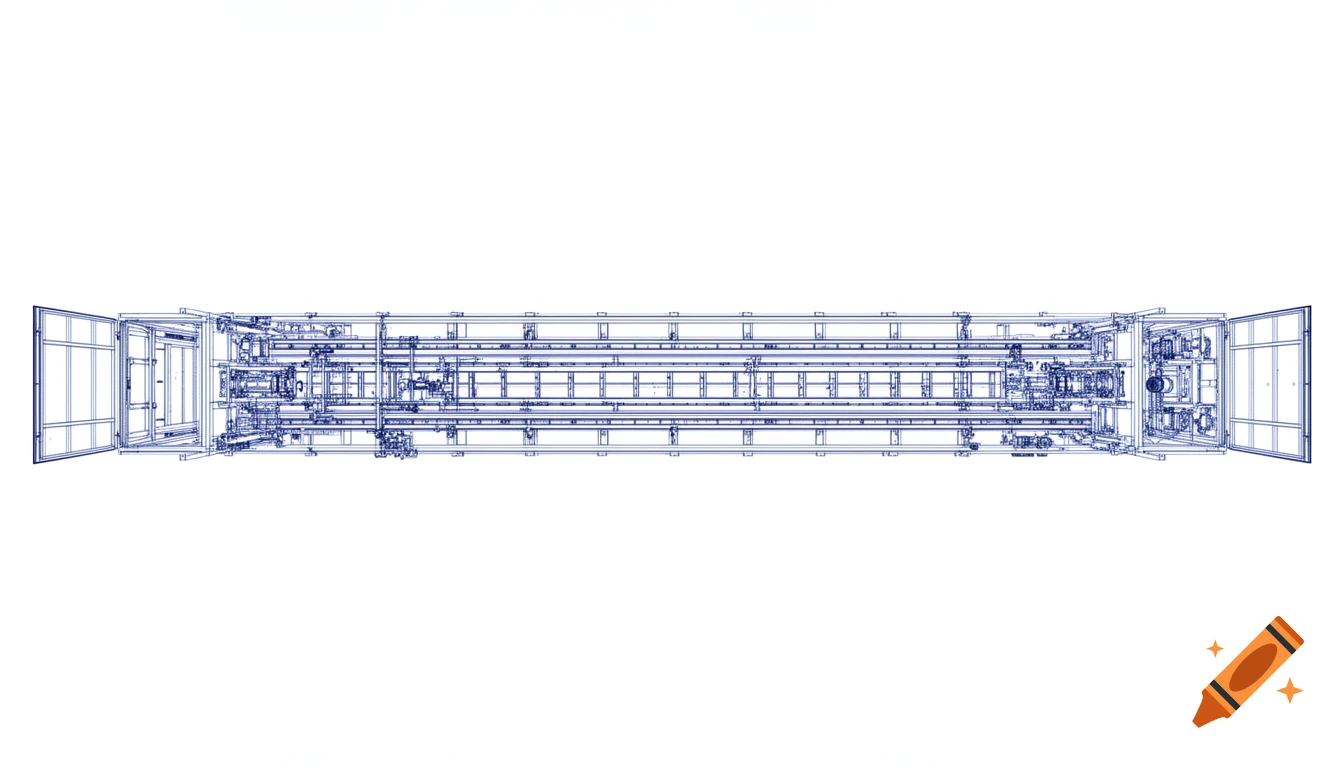 A blue line technical drawing blueprint of a long industrial tunnel shot blasting machine from a top-down view.