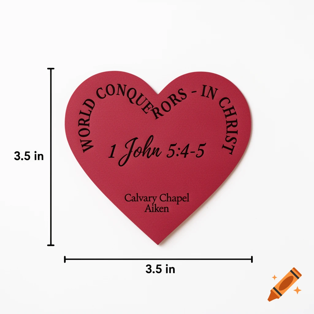 A red heart-shaped cutout, 3.5 inches, featuring black text: 'WORLD CONQUERORS - IN CHRIST', '1 John 5:4-5', 'Calvary Chapel Aiken'.