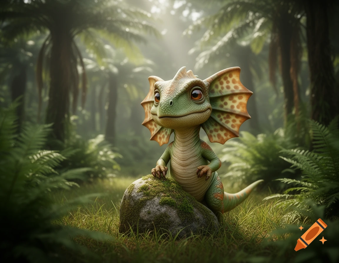 A cute, big-eyed green cartoon frilled lizard creature sits on a mossy rock in a lush, misty jungle.