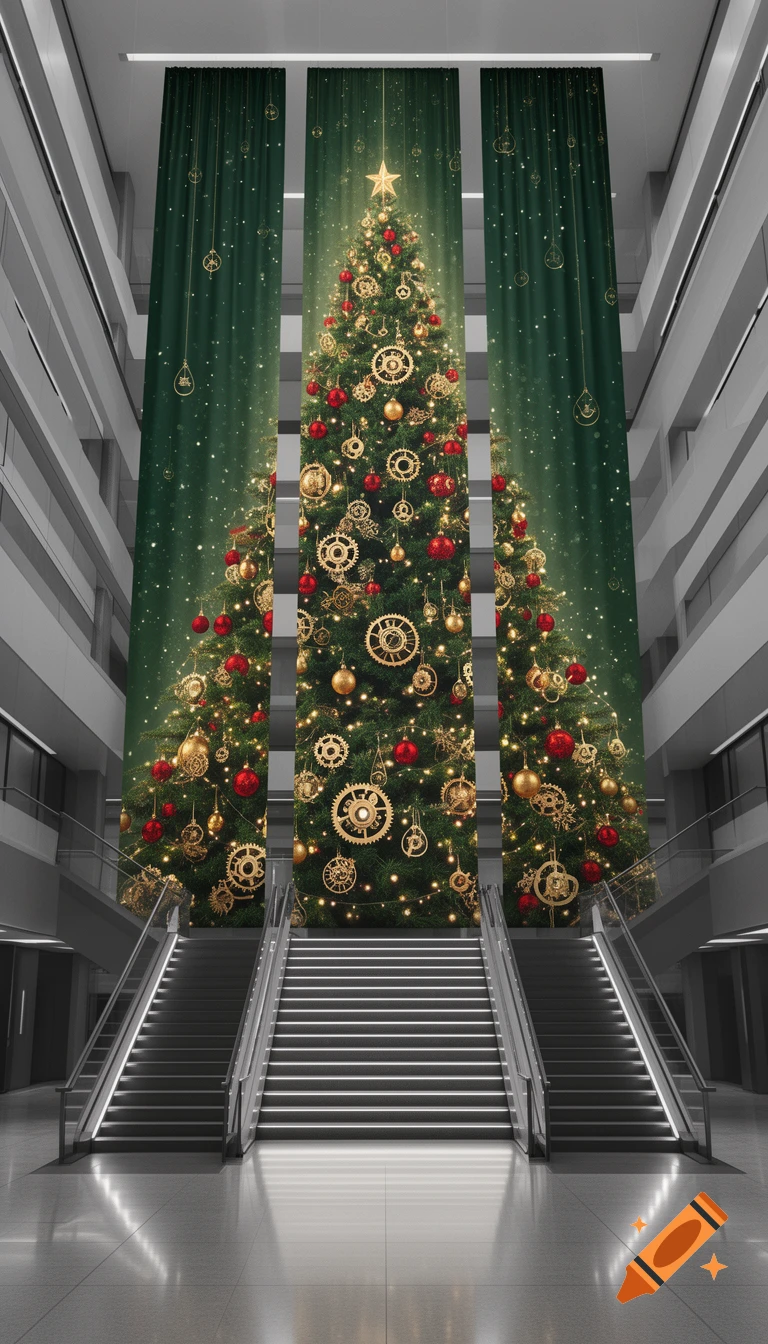 A modern building's staircase and lobby adorned with three tall Christmas tree banners decorated with red baubles, lights, and golden gears.