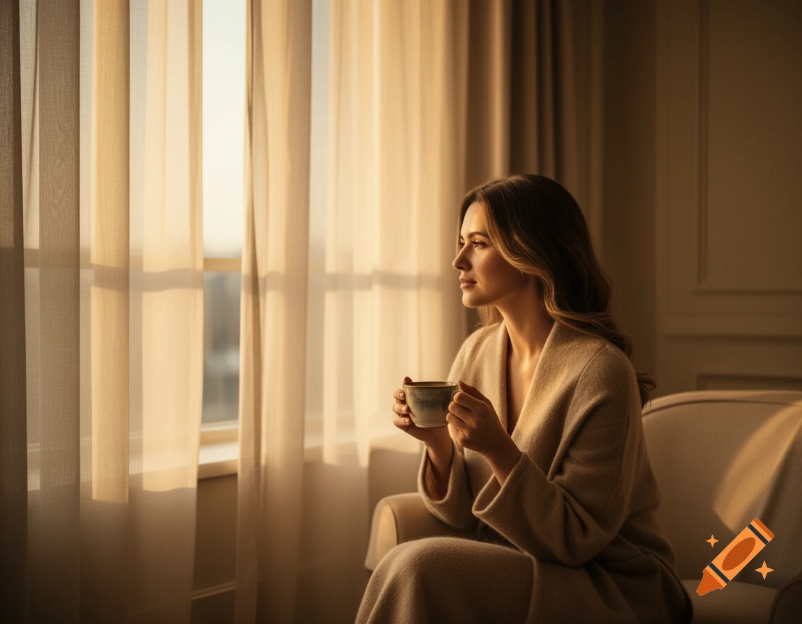 A woman in a robe sits by a window with sheer curtains, holding a coffee cup and looking out, bathed in soft morning light.