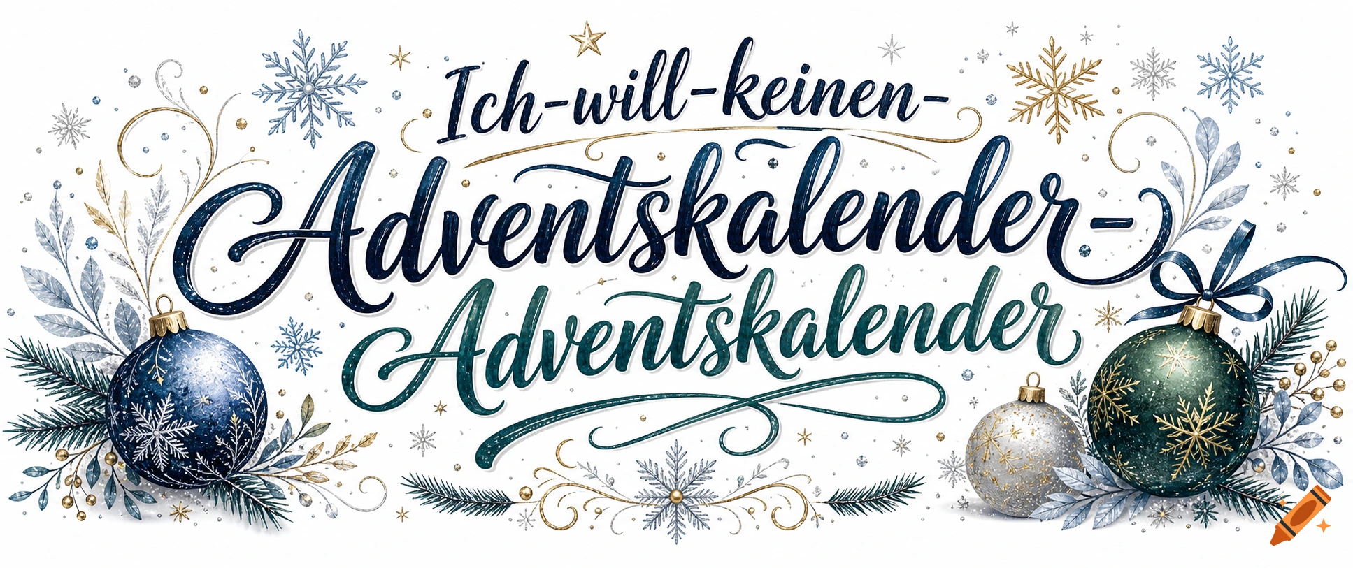 Festive holiday illustration with blue and green Christmas ornaments, snowflakes, and elegant German script text.