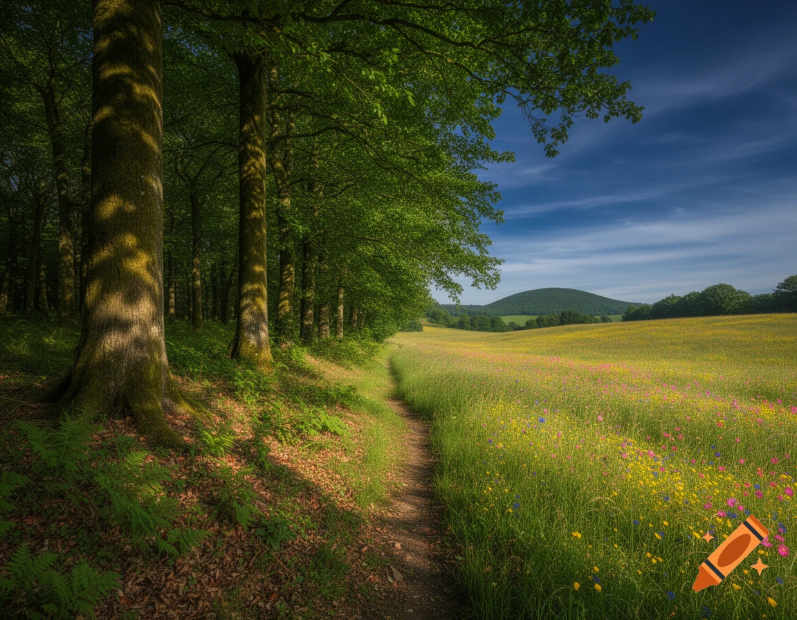 A narrow dirt path leads through a green forest to a sunny meadow bursting with colorful wildflowers under a blue sky.