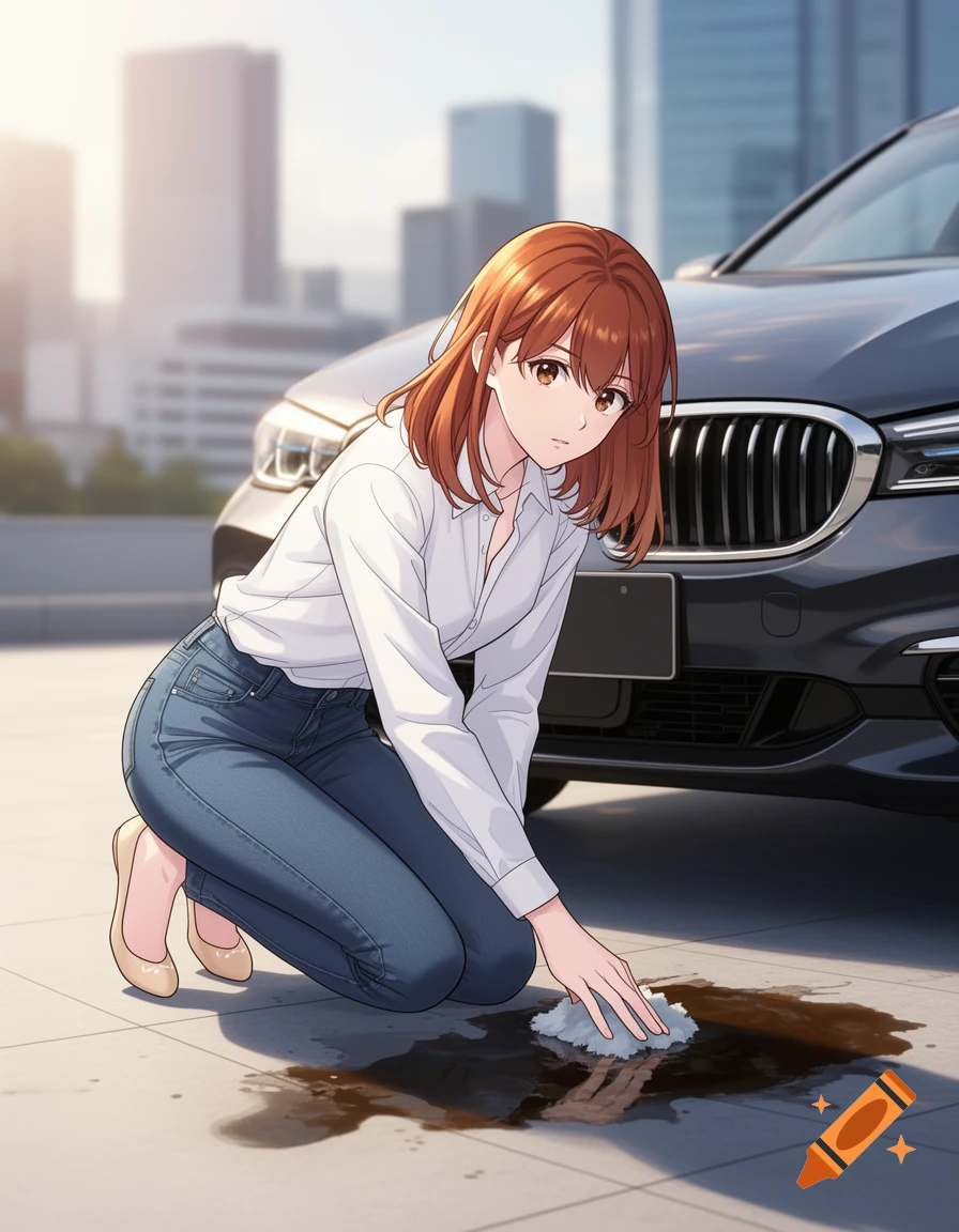 Anime woman in a white shirt and jeans kneels to clean a dark spill next to a black car on a sunny day.