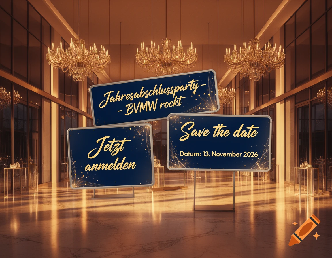 Grand hall with chandeliers and three illuminated signs: 'Jahresabschlussparty-BVMW rockt', 'Jetzt anmelden', 'Save the date: 13. November 2026'.
