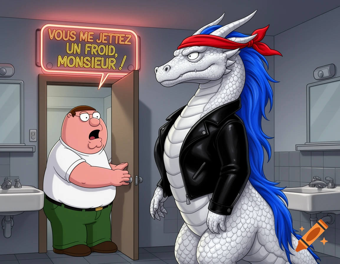 Cartoon Peter Griffin is surprised to find a white anthropomorphic dragon wearing a leather jacket and red bandana in a public restroom, who says "Vous me jettez un froid, Monsieur!"
