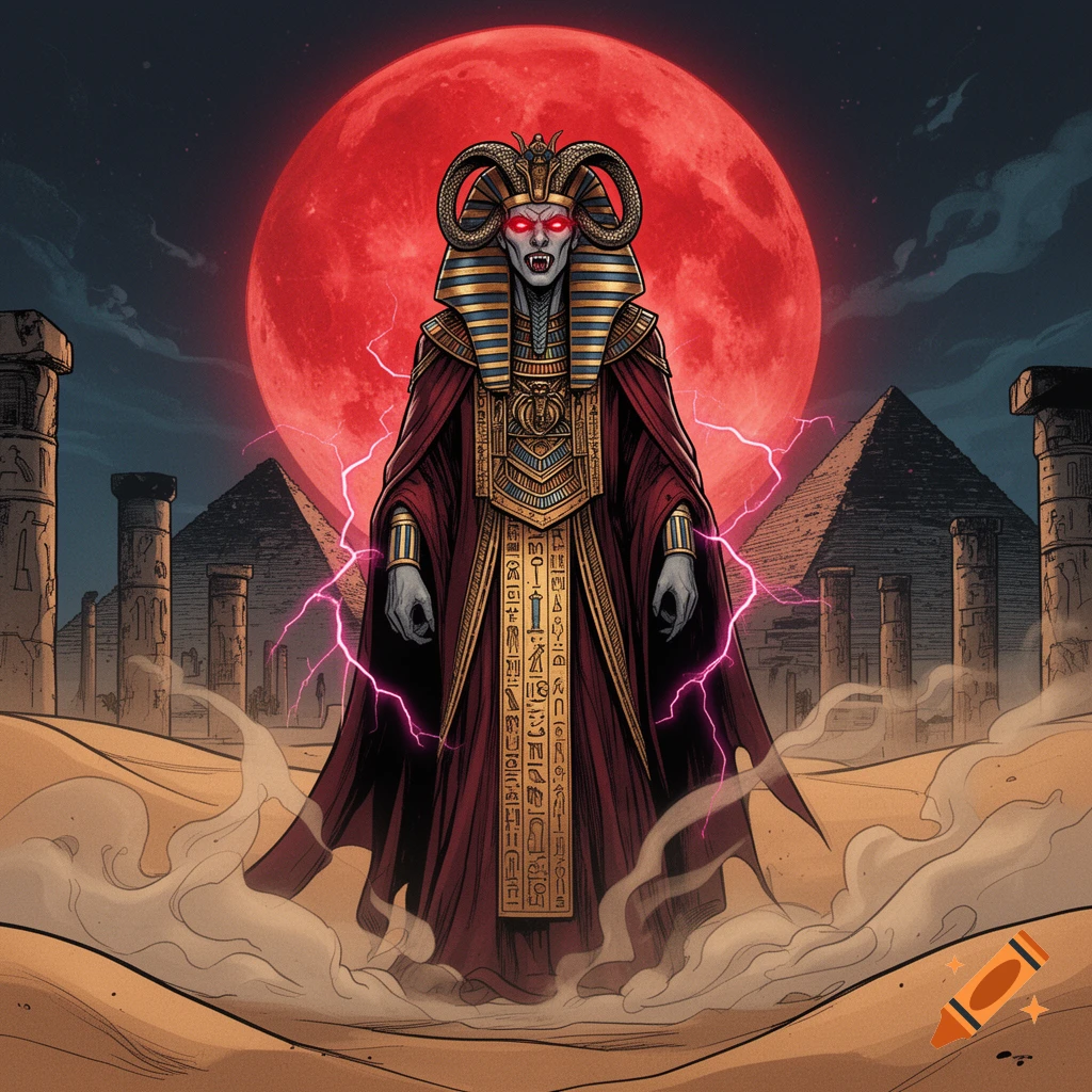 Comic style illustration of a menacing pharaoh vampire with glowing red eyes, fangs, and a horned headdress, standing in a desert with pyramids and ruins under a giant red moon, emitting pink lightning.