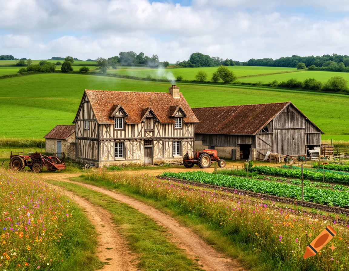 A picturesque Norman farmstead with a half-timbered house, a large wooden barn, and tractors, nestled among lush green fields and wildflowers under a partly cloudy sky. A dirt path leads through the foreground.