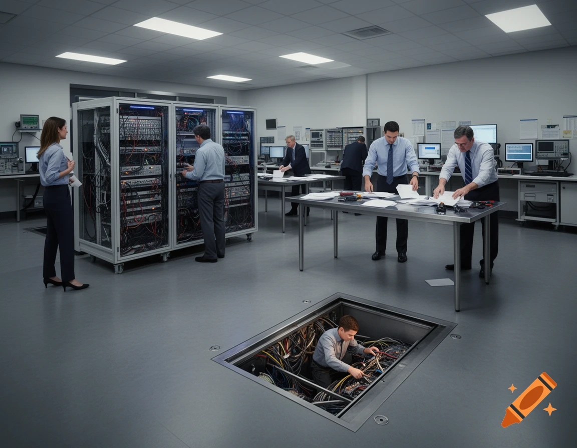 Photorealistic image of engineers working in a data center, one managing cables from an open floor panel.
