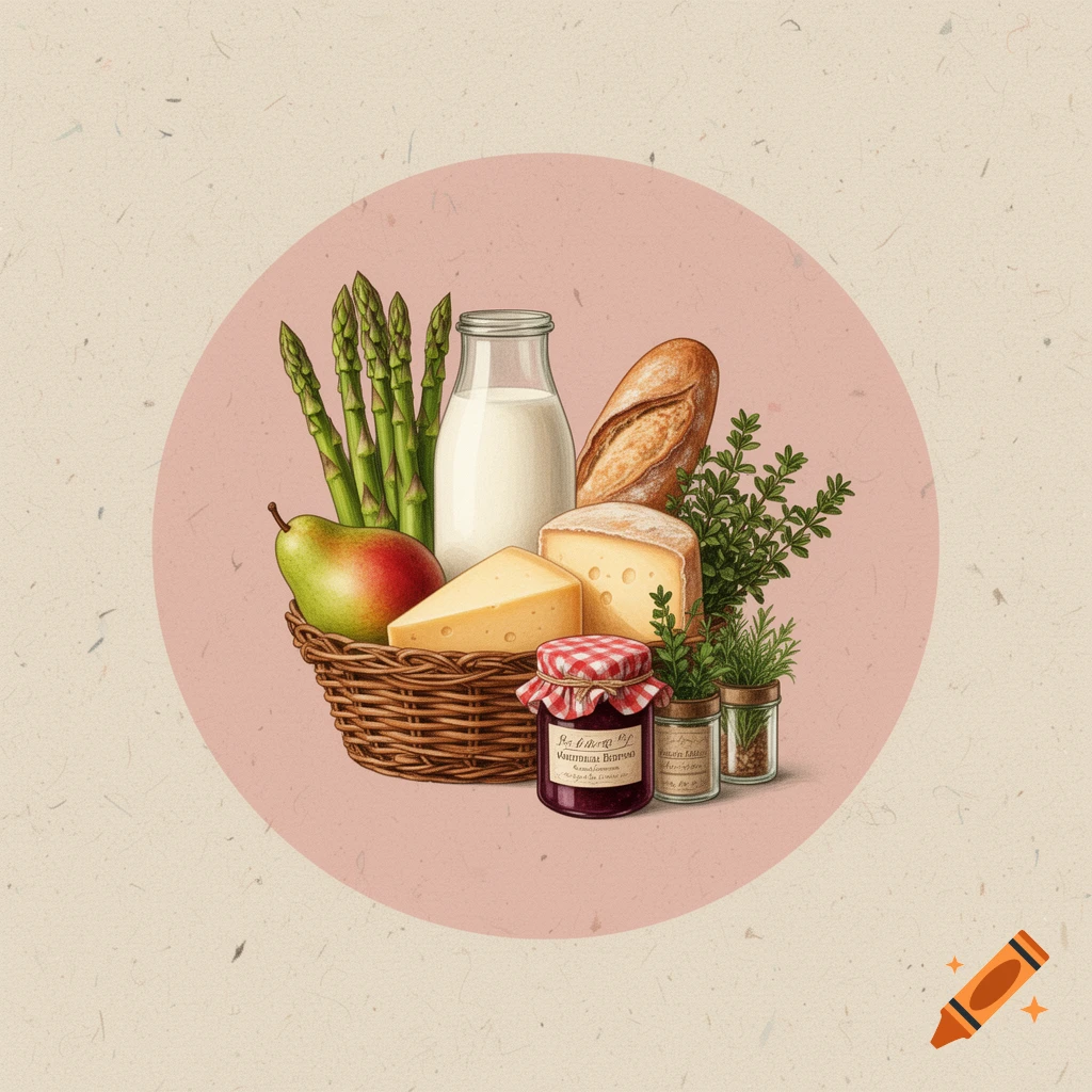Illustration of a wicker basket filled with asparagus, a pear, bread, milk, cheese, jam, and herbs, within a pink circle on textured paper.