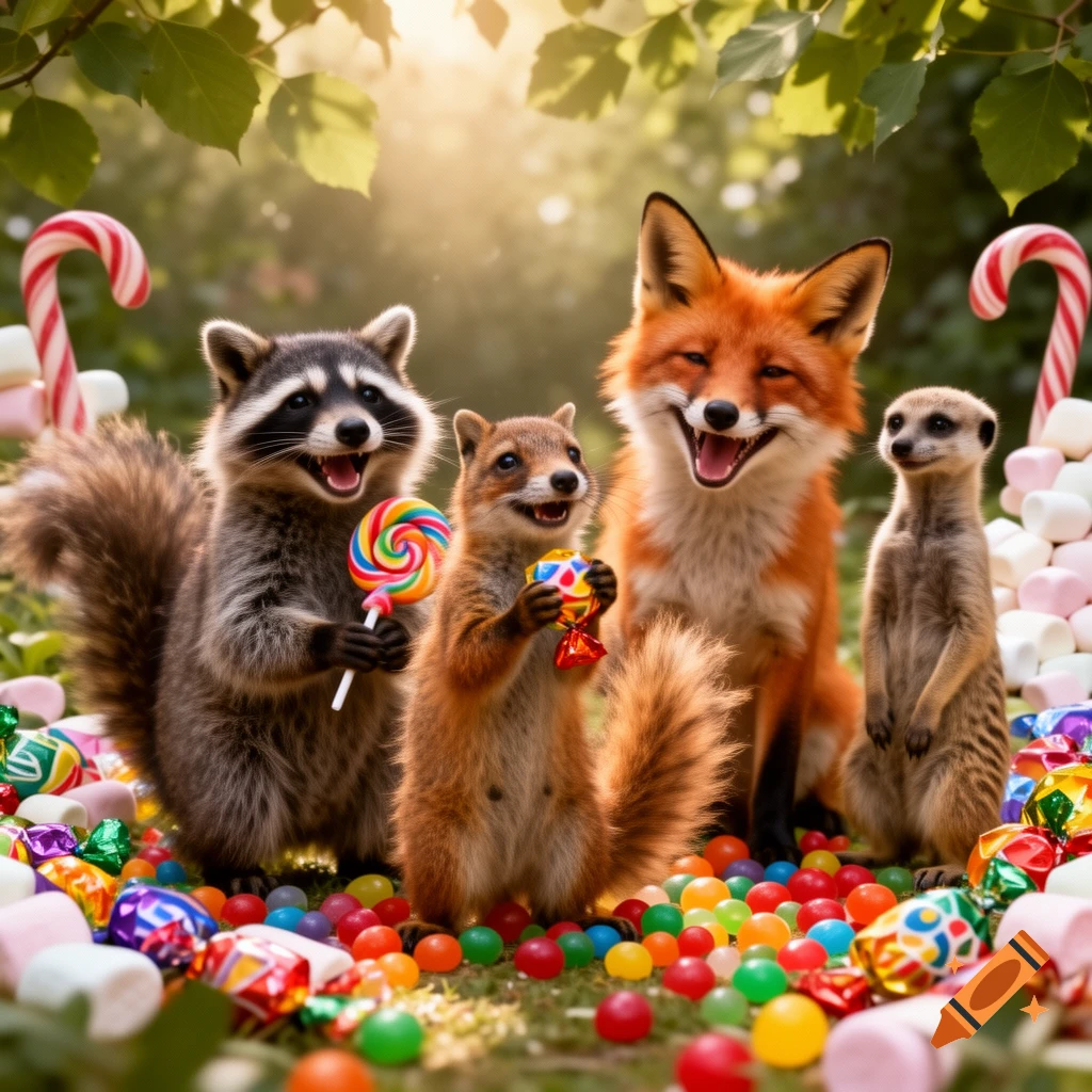 A photorealistic image of a laughing raccoon, squirrel, fox, and meerkat surrounded by colorful candies in a sunny outdoor setting.
