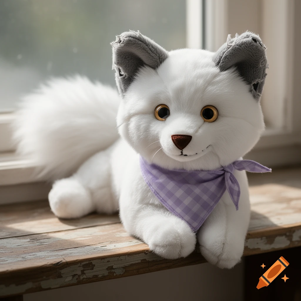 A white fox plush with grey ears and a lavender plaid bandana lies on a weathered wooden windowsill, looking forward.