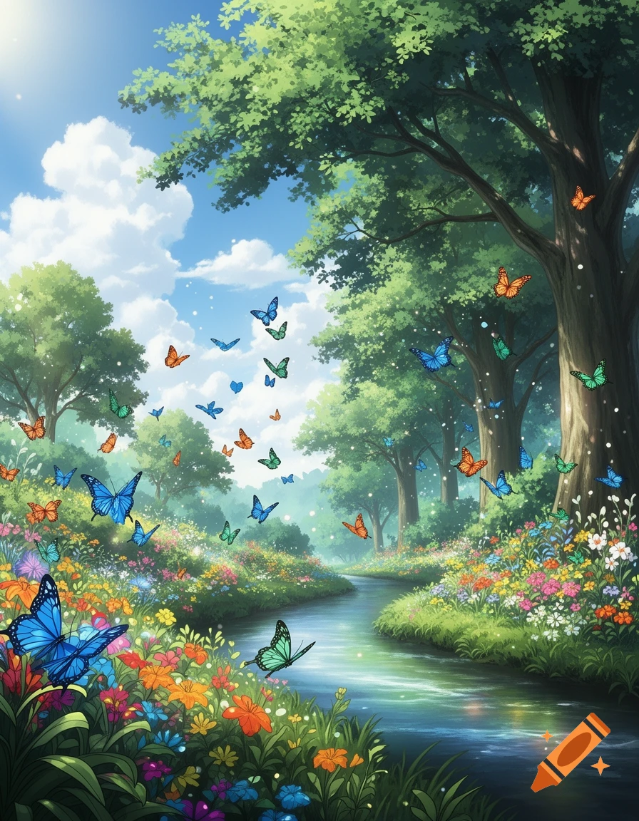 Vibrant anime landscape of a winding river through a lush garden with colorful flowers, large trees, and numerous flying butterflies.