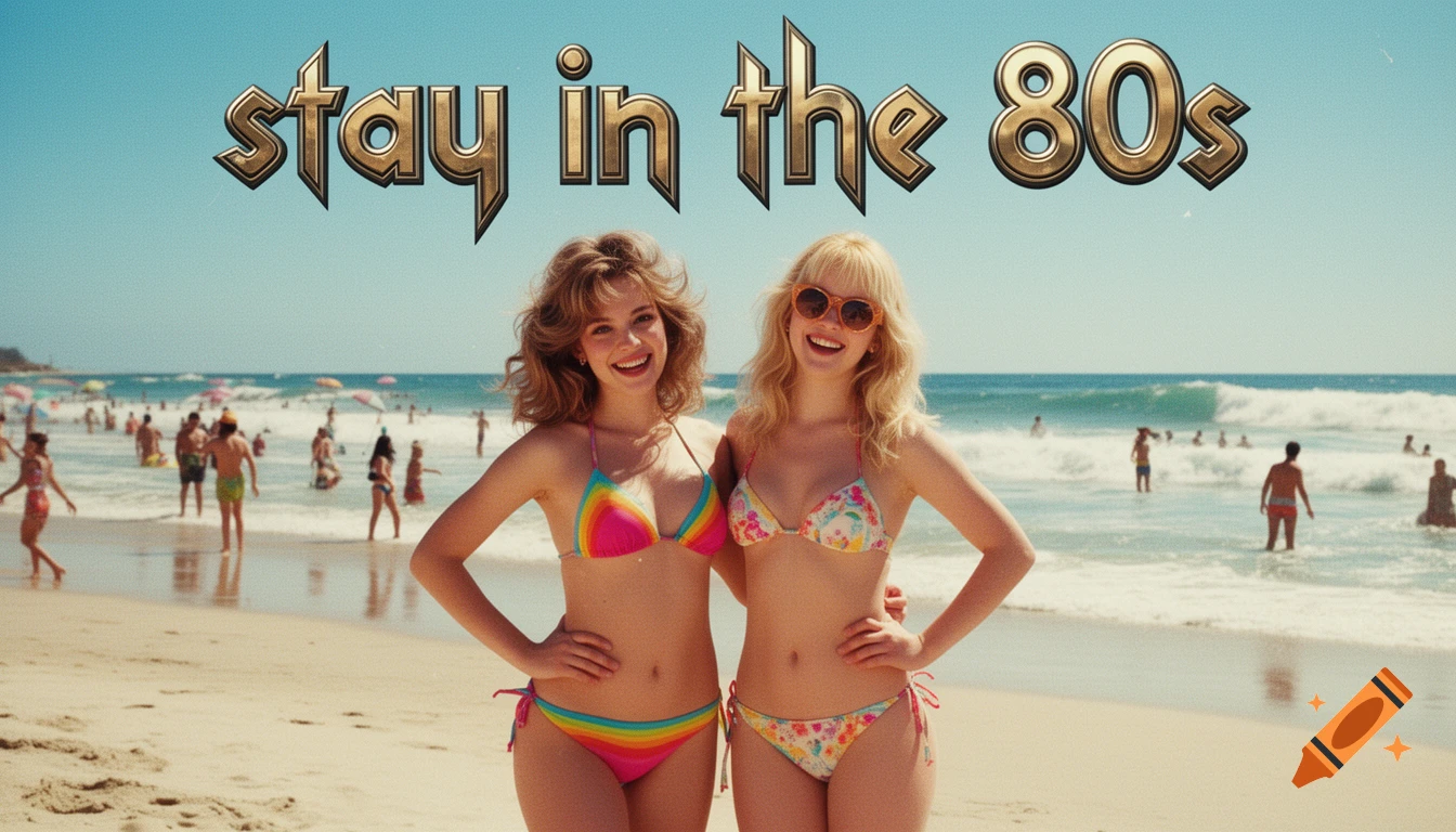 Two smiling women in 80s style bikinis on a sunny beach with 'stay in the 80s' text above.