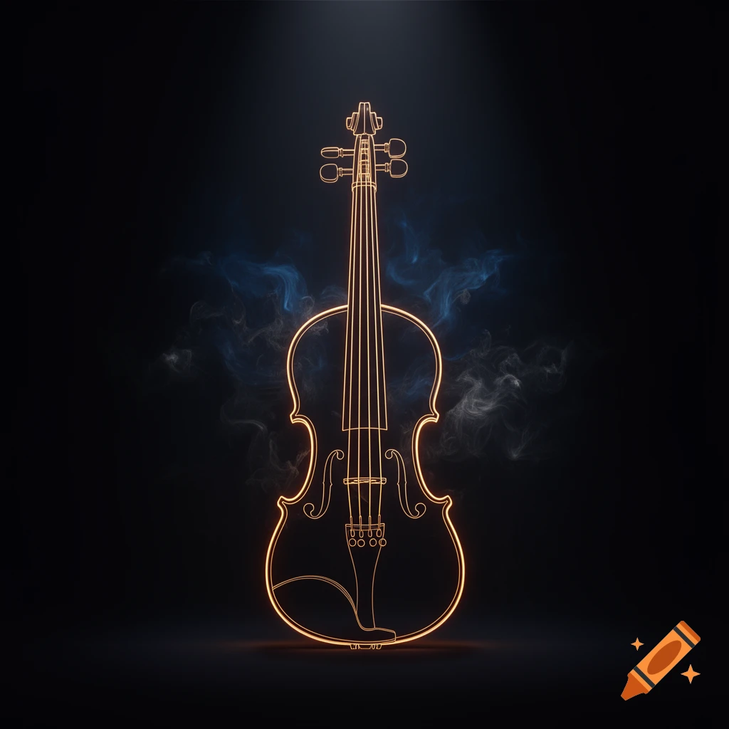Glowing orange outline of a violin stands upright against a dark, smoky background with hints of blue light.