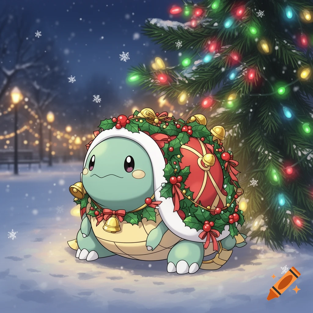 A cartoon Squirtle with a Christmas wreath and bells on its shell stands in the snow next to a decorated Christmas tree in a snowy park at night.