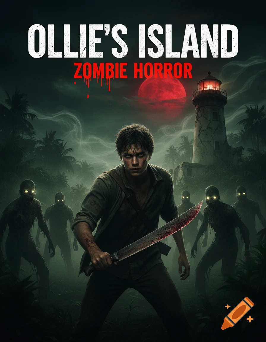 Horror movie poster with a man holding a bloody machete, zombies, a lighthouse, and a red moon. Text: OLLIE'S ISLAND ZOMBIE HORROR.