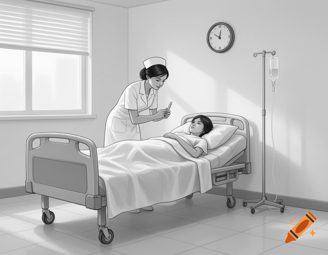 Black and white illustration of a nurse checking a patient's temperature in a hospital room with an IV stand.
