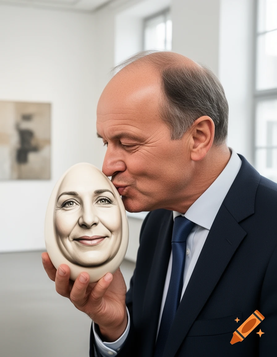 A bald man in a suit kisses an egg with a smiling woman's face drawn on it, in an art gallery setting.