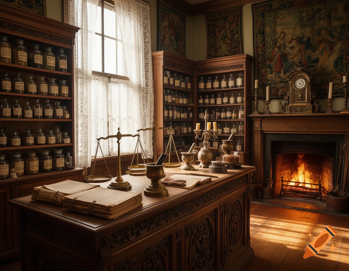A detailed, photorealistic view of a warm, old-fashioned apothecary room with wooden shelves filled with jars, a desk with scales, and a fireplace.