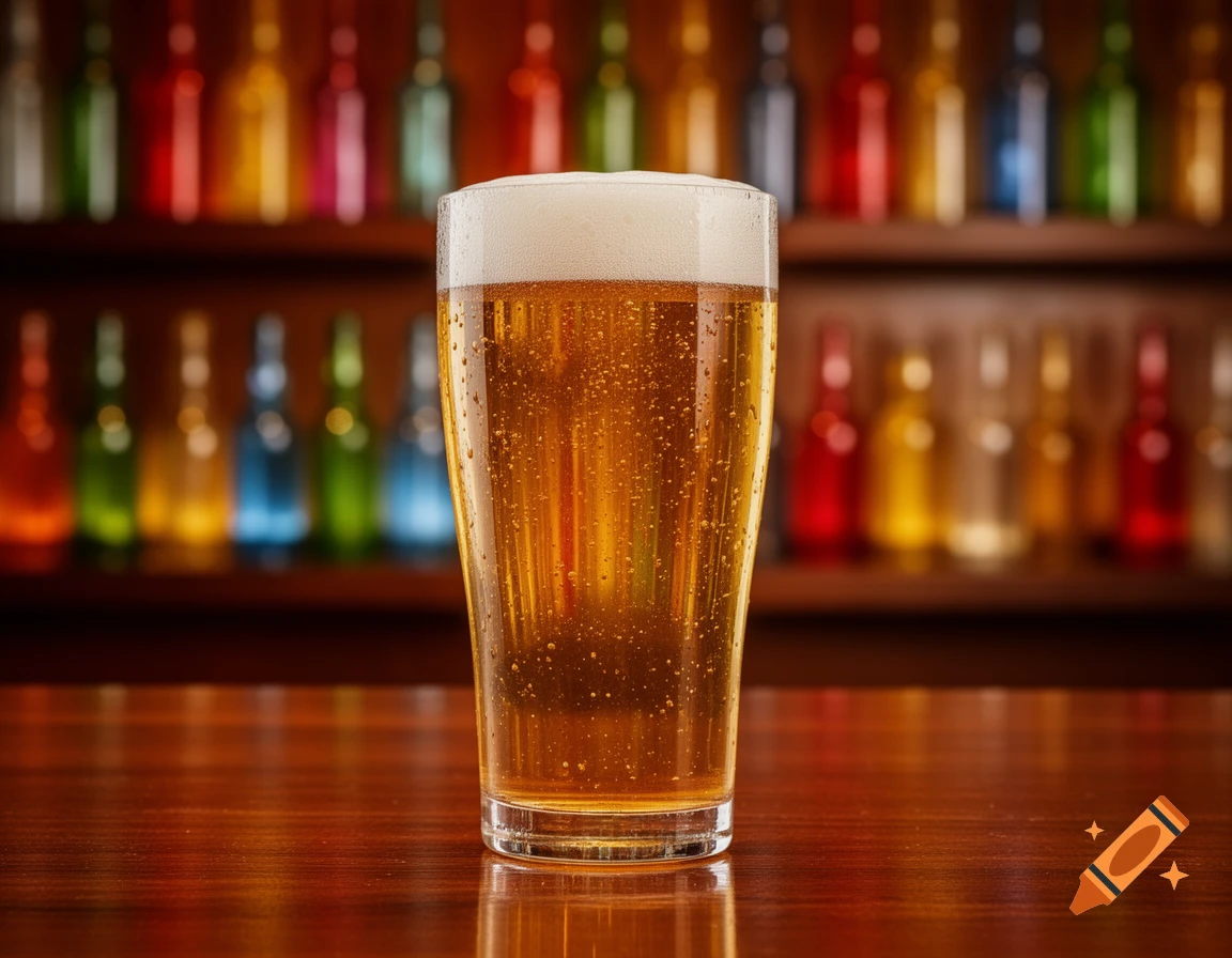 A photorealistic image of a full glass of golden beer with a foamy head and bubbles, sitting on a glossy wooden bar counter. Blurred colorful bottles line shelves in the background.