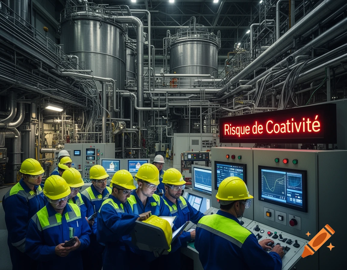 Photorealistic image of workers in yellow hard hats and blue uniforms operating controls in a complex industrial facility, with a 'Risque de Coativité' sign.