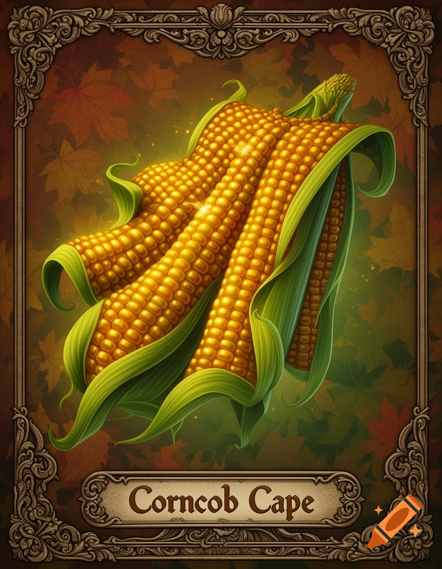 A stylized trading card features glowing golden corn cobs with green husks, set within an ornate brown frame. Text reads 'Corncob Cape'.