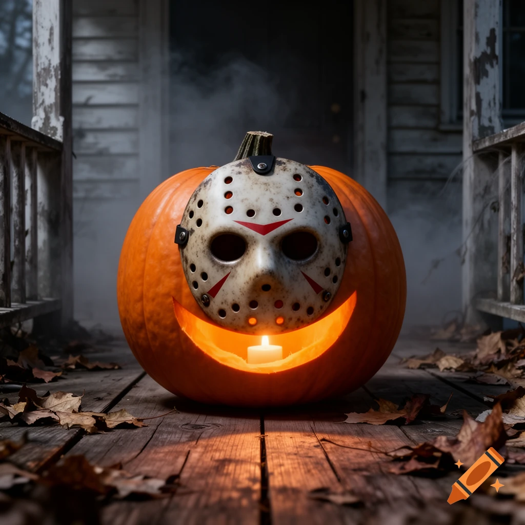 A Halloween jack-o'-lantern wearing a Jason mask, glowing from a candle on a rustic wooden porch with fallen leaves.
