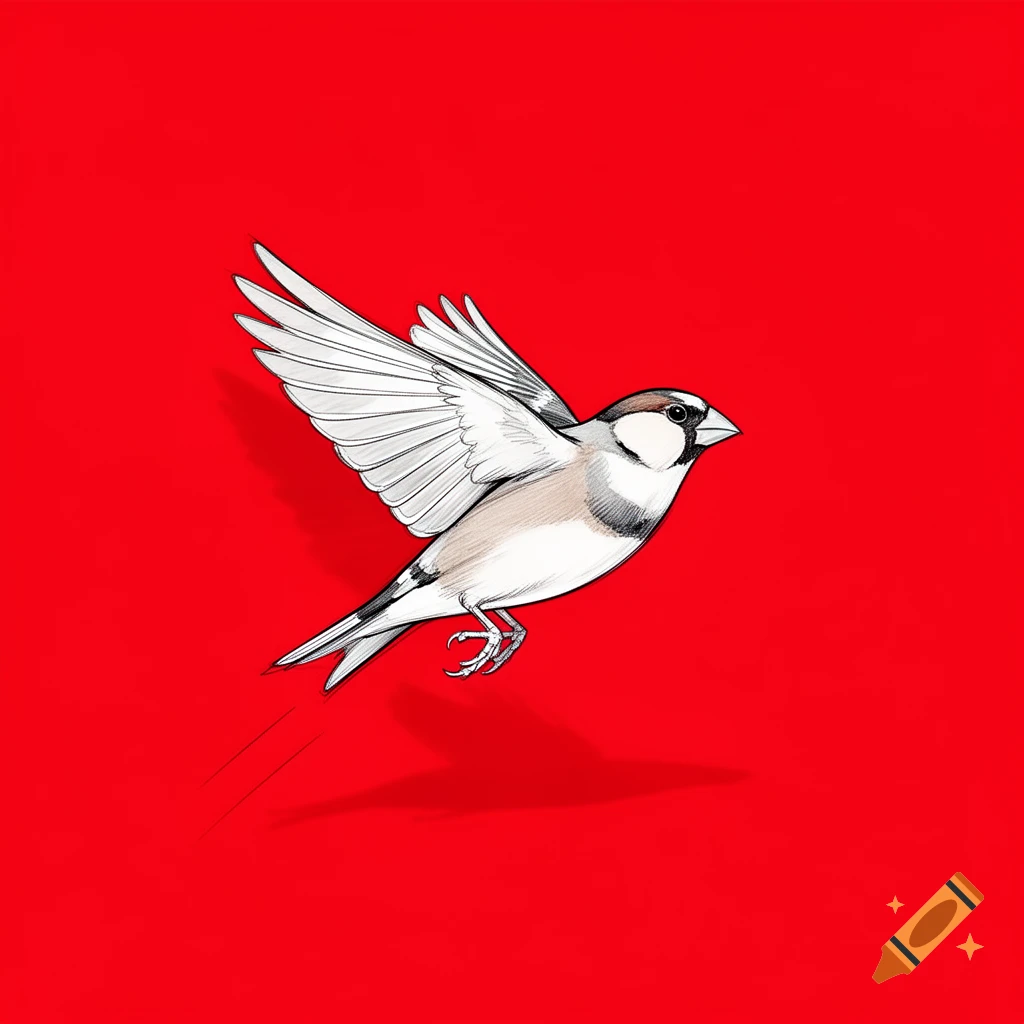 A minimalist sketch of a bird with white and brown feathers flying against a solid red background.