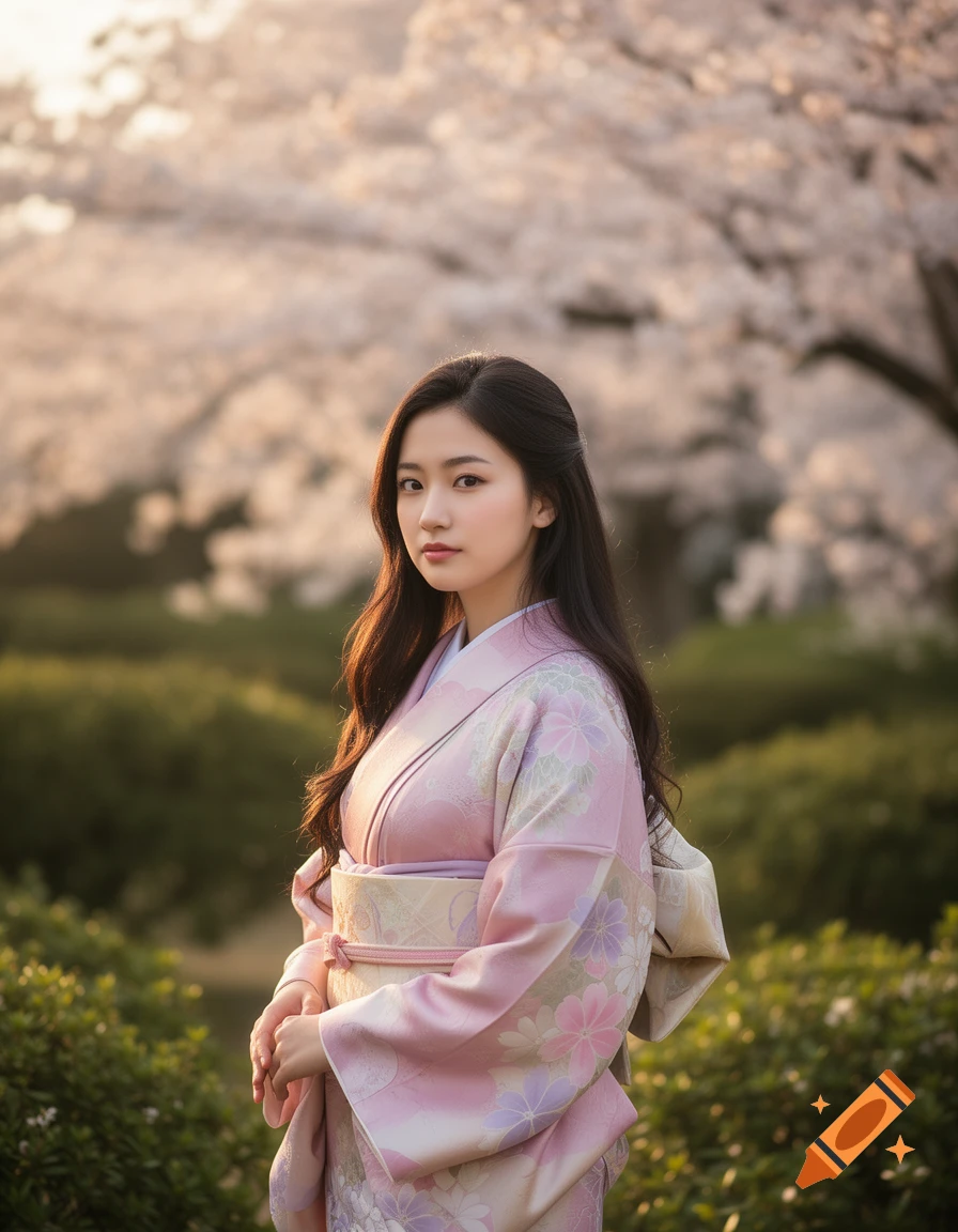 Photorealistic portrait of a young Japanese woman in a pink floral kimono, standing amongst cherry blossoms at sunset.