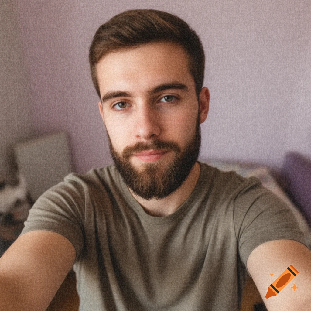 A photorealistic selfie of a bearded man with brown hair, looking at the camera with a slightly grainy effect.
