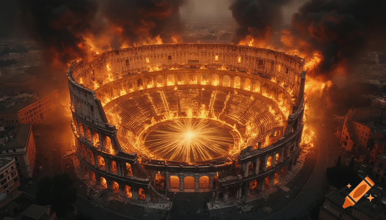 Dramatic aerial view of the Colosseum in Rome ablaze at night, with a golden light emanating from its center and smoke rising into an orange sky.