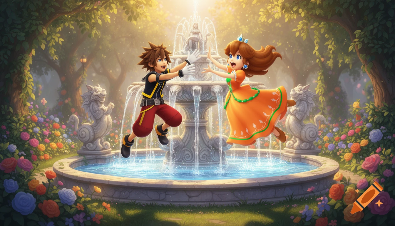 Sora and Princess Daisy jump joyfully over a glowing fountain in a vibrant, flower-filled garden in an animated style.