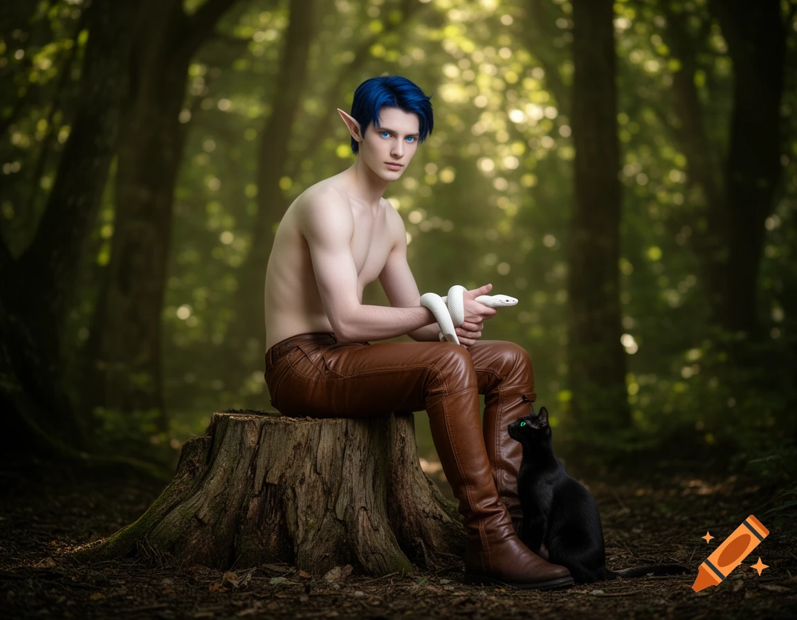 A shirtless blue-haired elf with pointed ears sits on a tree stump in a sunlit forest, holding a white snake. A black cat is nearby.